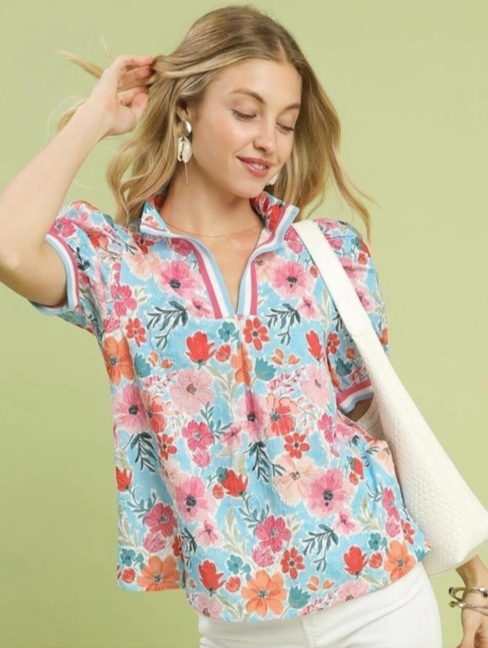 UMGEE-Floral Puff-Sleeve V-Neck Top in Multicolor - Picture 2 of 2